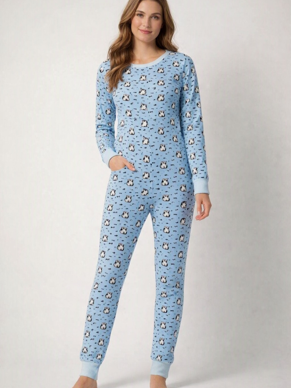 La Vie En Rose Pajama Womens Medium One Piece Cotton Blend Penguin Long Sleeve